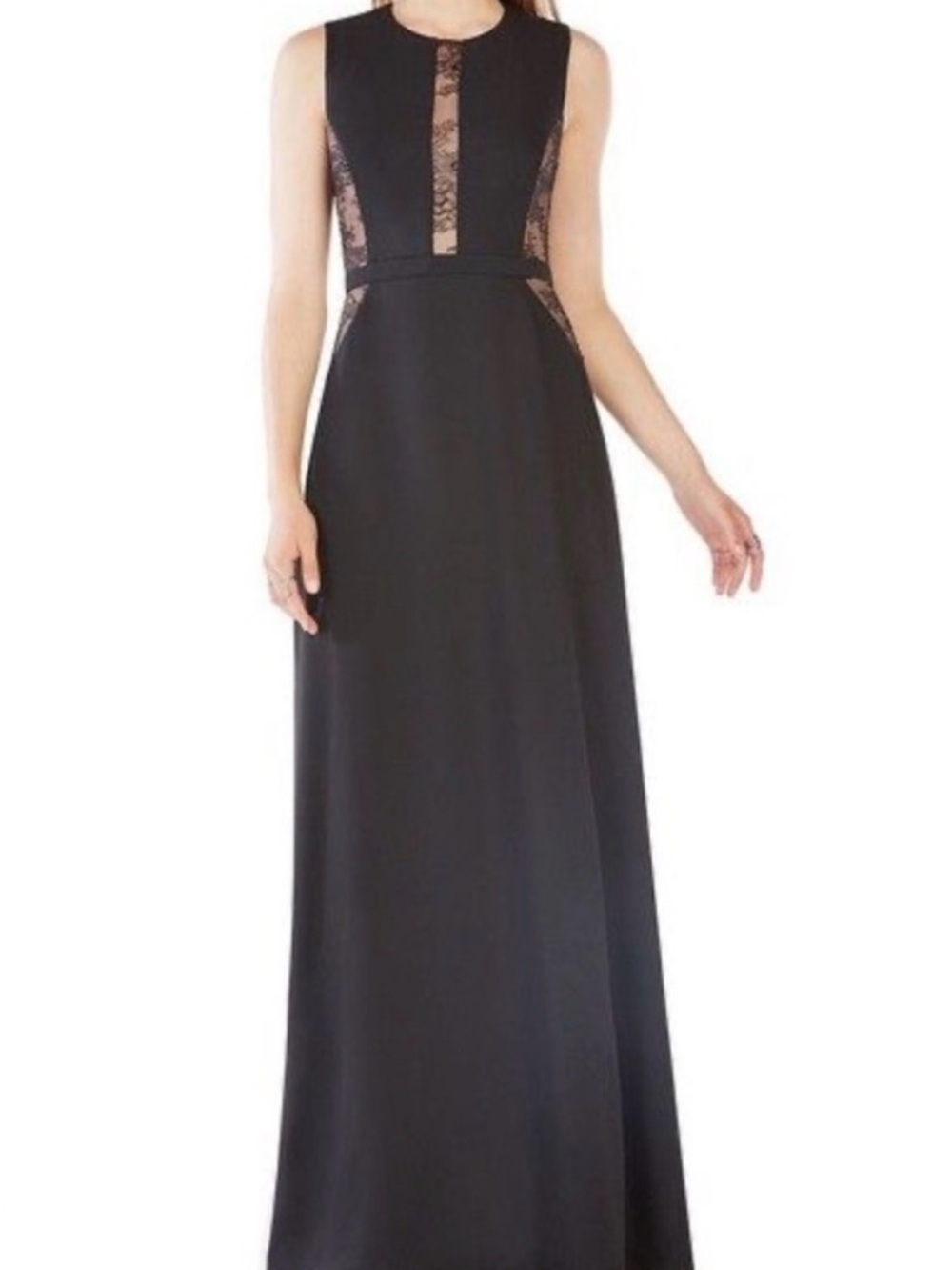 NwoT BCBGMAXAZRIA BLACK ASHLEE LACE-PANELED SATIN GOWN XVR66I61/L569, SIZE 4